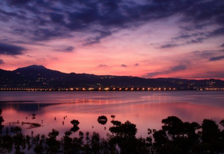 dawn over taiwan straits - straits, mountain, dawn, shore, lights