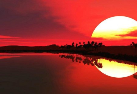 Sunset Red Reflections - reflections, sunset, nature, red, lake