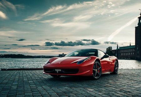 ferrari 458 by the bay - car, red, cobblestones, sky, bay