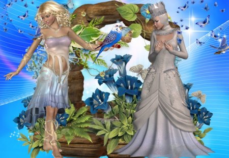 Spring - queen, blue, fairy, spring, bird, flower