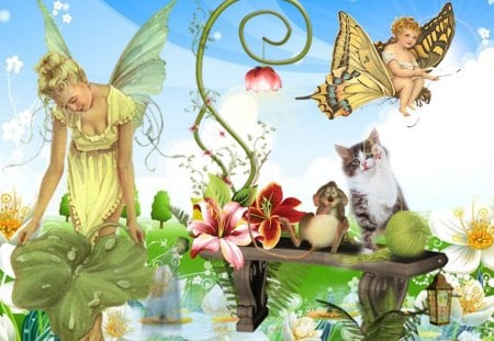 Spring Garden - garden, faiy, butterfly, spring, mouse, mice, cat