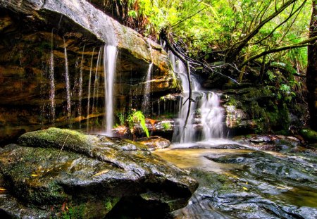 Waterfall - Trees, Rocks, Cliff, Waterfall