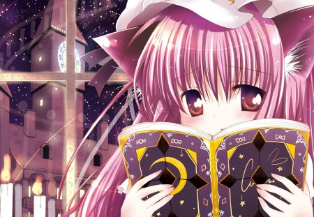 Patchouli Knowledge - neko mimi, neko, girl, female, patchouli knowledge, long hair, pink hair, anime girl, book, nekomimi, ears, red eyes, touhou, kawaii, anime, cute