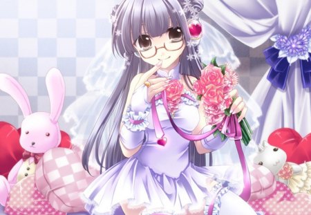 Cute Bride - pretty, anime, heart, elegant, female, dress, wed, long hair, gorgeous, nice, sunglasses, bride, gown, anime girl, beautiful, hot, wedding, girl, beauty, lovely, love, sweet, flower, bouquet, toy, glasses, cute, floral, sexy