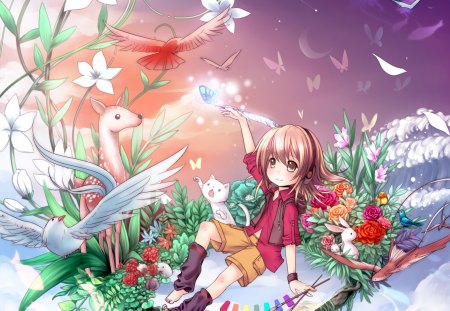 Paint my World - roses, pretty, magic, wing, light, animal, nice, artist, brown eyes, feather, bunny, flower, petals, nature, wings, deer, butterfly, cute, floral, bird, anime, kawaii, guy, magical, boy, male, short hair, art, rabbit, lovely, brown hair, sweet, glow, fantasy, painting, rose