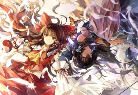 ~Yin & Yang~ - girls, touhou, feathers, anime, hakurei reimu, butterflies