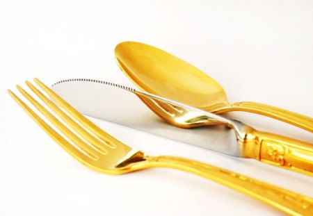 Golden untensils - spoon, utensils, knife, gold, fork