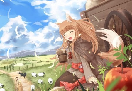 ~Spice & Wolf~ - sky, landscape, norah arendt, sheep, spice and wolf, wagon, clouds, anime, apple, enek, holo