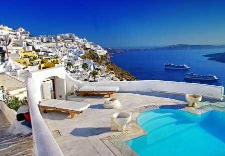 Paradise - summer, resort, greece, summer time, sky, swimming pool, pool, santorini, sea, nature, paradise