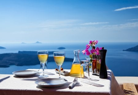 Romance - summer, resort, greece, summer time, glasses, flowers, sky, clouds, view, santorini, sea, nature, paradise