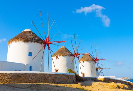 Santorini - clouds, Greece, Santorini, summer, windmills, sky