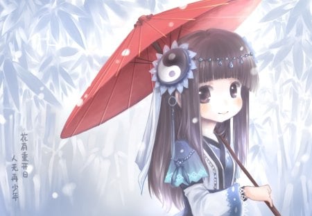 Cute Umbrella - female, anime girl, black hair, umbrella, anime, amour, messages, cute, yinyang, adorable, girl, long hair, text, yin yang, kawaii, abstract, words, bamboo, adore