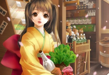 Groceries - realistic, female, brown eyes, anime girl, brown hair, petals, anime, food, ribbon, kimono, cute, vegetable, girl, adorable, long hair, shop, cg, stall, kawaii, groceries, 3d, yukata, bottles, adore