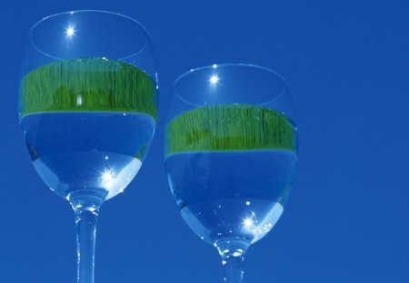 Glass in blue background - grass, wine glass, art, blue