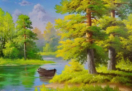 Boat in calm river - lakeshore, nice, sky, riverbank, greenery, path, spring, calm, painting, pretty, river, green, grass, boat, lake, summer, shore, lovely, serenity, forest, tranquil, beautiful