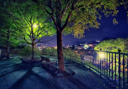 A Blue Evening - benches, view, evening, city, trees, blue