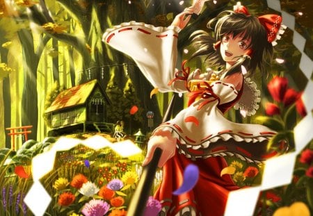 Touhou - flower, forest, cute, happy, talisman, blossom, hakurei reimu, kirisame marisa, hot, anime girl, girl, scenery, floral, 3d, scenic, touhou, shrine, brown hair, anime, cg, garden, long hair, reimu, building, sexy, smile, woods, scene, female, house, realistic