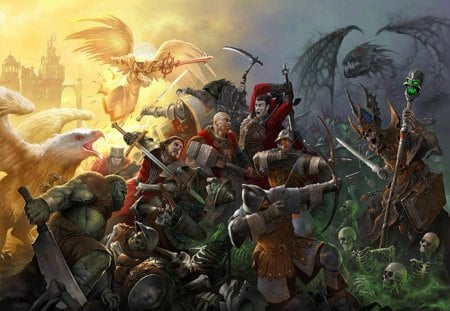 Magic online - yellow, people, combat, angel, man, skull, battle, red, fight, game, magic online, creature, fantasy, white, eagle, green, wings, skelet