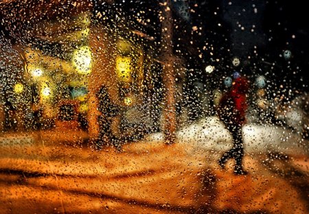 Rain - street, lights, rain, road, evening, window, rainy, drops, bokeh, nature