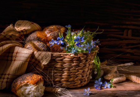 Still Life - nature, blue flowers, pretty, petals, photography, flowers, basket, still life