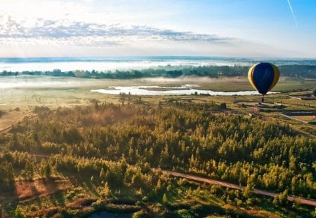 hot air balloon taking off in foggy morning - balloon, forest, fog, morning