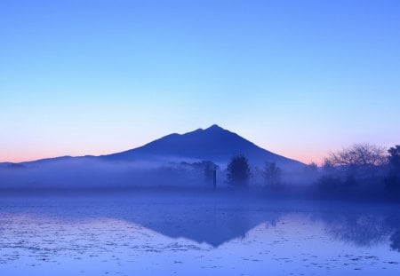 early morning fog on a japanese lake - fog, blue, lake, morning, mountain