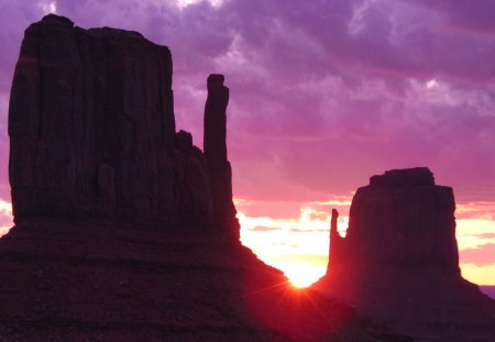 purple sunset in monument valley - clouds, sunset, desert, purple, monuments