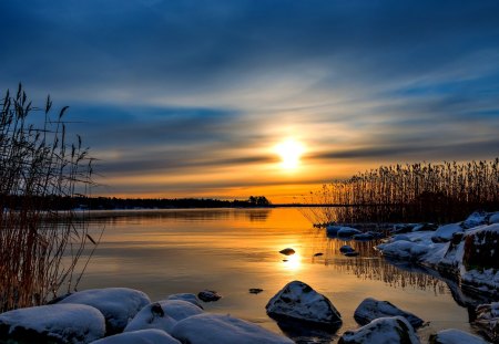 Sunset - winter, sun, lake, winter time, sky, clouds, sunset, nature, snow