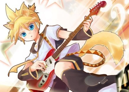 Kagamine Len - Vocaloid, Kagamine Len, Guitar, Star, Project Diva, Music, Fox