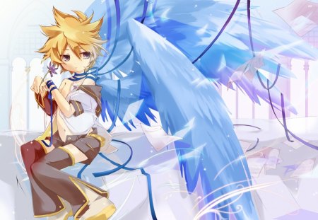 Kagamine Len - project diva, electirc voice system, flower, len kagamine, kagamine len, vocaloid, wings, 02, len, angel