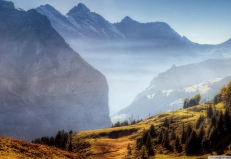 gorgeous mountain ridge in autumn hdr - mountains, meadow, ridge, mist, hdr