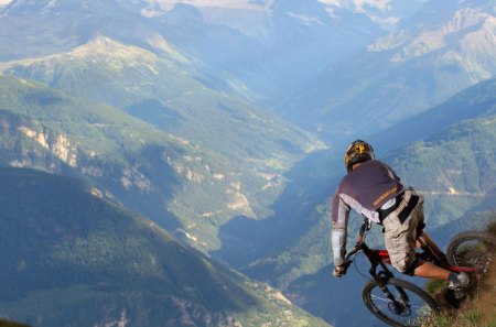 now that's mountain biking - mountains, valley, biker, bike