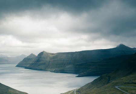 the end of the fjord - mountains, road, clouds, mist, fjord