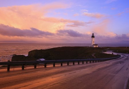 lighthouse at the end of oregon highway - lighthouse, clouds, sunset, highway, point