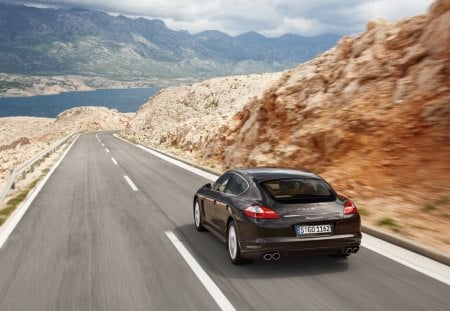 porsche panamera s - highway, mountains lake, car, speed