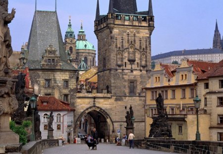 entrance to old prague - city, entrance, statues, tower