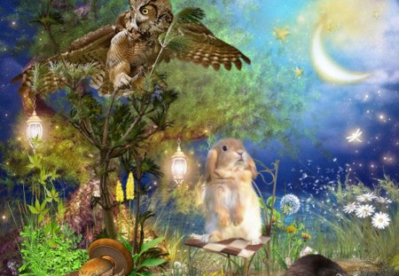 Bunny in the Night - moon, forest, owl, bunny, flower