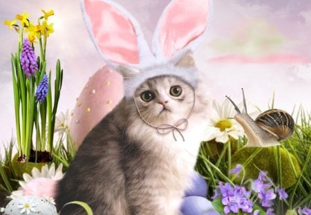 Easter Cat - eggs, snail, cat, easter, flower