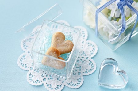 Heart biscuits - heart, biscuits, food, glass, ribbons