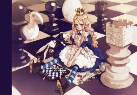 ~Queen Alice~ - wonderland, anime, crown, tea, bunny, looking, chess pieces, chess, dice, alice, glass