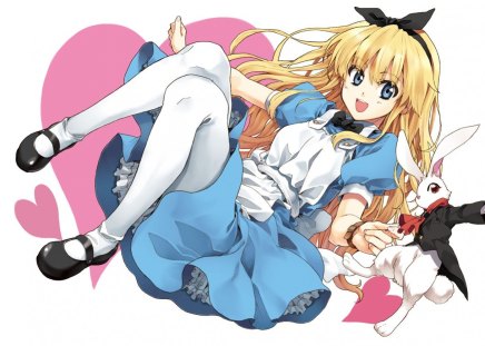 ~Alice & The White Rabbit~ - pink hearts, wonderland, anime, cute, blue dress, alice, bunny