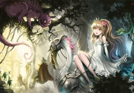 Alice In Wonderland - frogs, cheshire cat, fantasy, alice, butterfly, wonderland, forest, snake, castle, anime