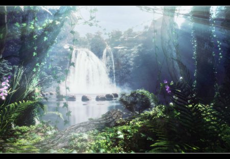 âœ°A T M O S P H E R Eâœ° - magic, sunbeam, waterfall, digital art, atmosphere, stunning, nature, diving pool, papamook, photoshop, beautiful, leaves, places, trees, wonderful, rocks, 3d art, splendid, landscapes, love, magnificent, forests, incredible, magical, ivy, lovely, scenes, imaginations, creations, rays of light, splendor, colors, flowers