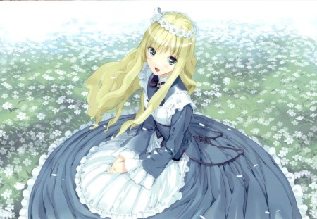 ~Alice~ - alice, fields, wonderland, blue dress, anime, long hair, flowers, blonde