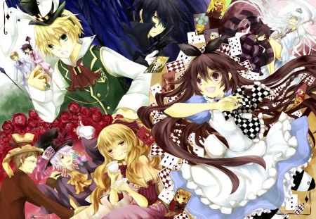 ~Wonderland Madness~ - cheshire cat, alice, anime, cards, mad hatter, red roses, fantasy, white queen, wonderland, white rabbit