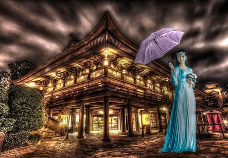 Beauty - woman, blackground, cloud, hdr, house