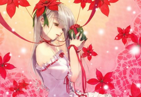 Flower memories - flowers, colorful, anime, beautiful, red, girl, gift, colors