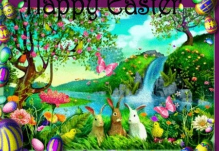 Happy Easter - eggs, painting, rabbit, easter, waterfall