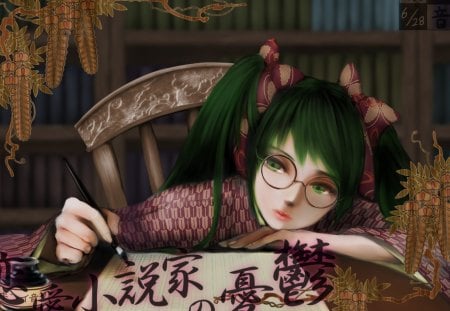 Oriental - realistic, female, hot, glasses, sunglasses, anime girl, painting, art, anime, oriental, messages, miku, cute, brush, hatsune miku, sexy, girl, twintails, long hair, text, cg, vocaloids, 3d, vocaloid, chinese, words, green hair