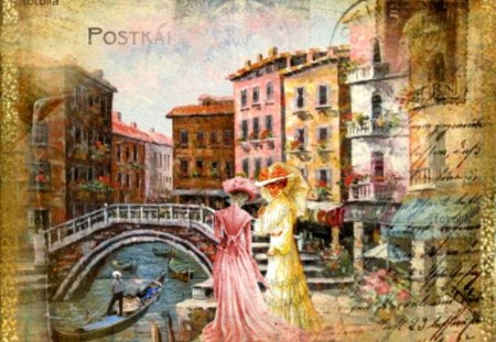 postcard from venice - old style, woman, vintage, painting, venice, postcard, bridge